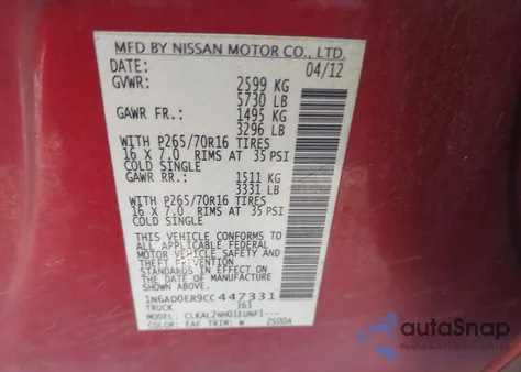 2012 Nissan Frontier Sv from USA, damaged, VIN 1N6AD0ER9CC447331